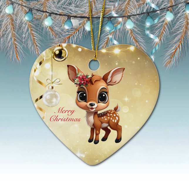 Adorno De Cerámica Nena, Amanecer, 🦌 Oro Feliz Navidad (Baby Deer, Floral Fawn, Cute Doe Poinsettia Flower Merry Christmas Gold Heart Ceramic Ornament 🦌🎄)