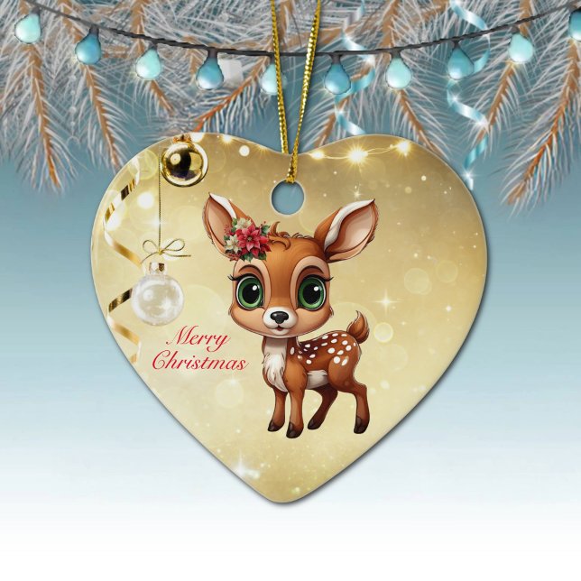 Adorno De Cerámica Nena, Amanecer, 🦌 Oro Feliz Navidad (Baby Deer, Floral Fawn, Cute Doe Poinsettia Flower Merry Christmas Gold Heart Ceramic Ornament 🦌🎄)