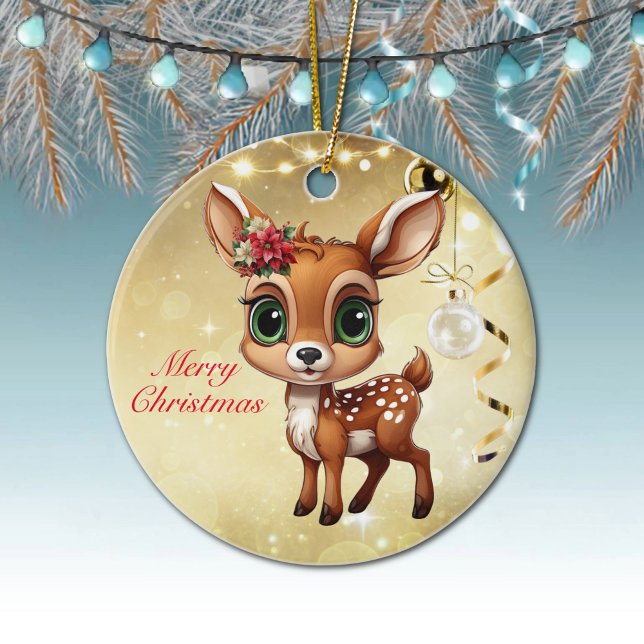 Adorno De Cerámica Nena, Amanecer, 🦌 Oro Feliz Navidad (Baby Deer, Fawn, Doe 🦌Poinsettia ForestBabies Merry Christmas 🎄Gold Round Ceramic Ornamen)