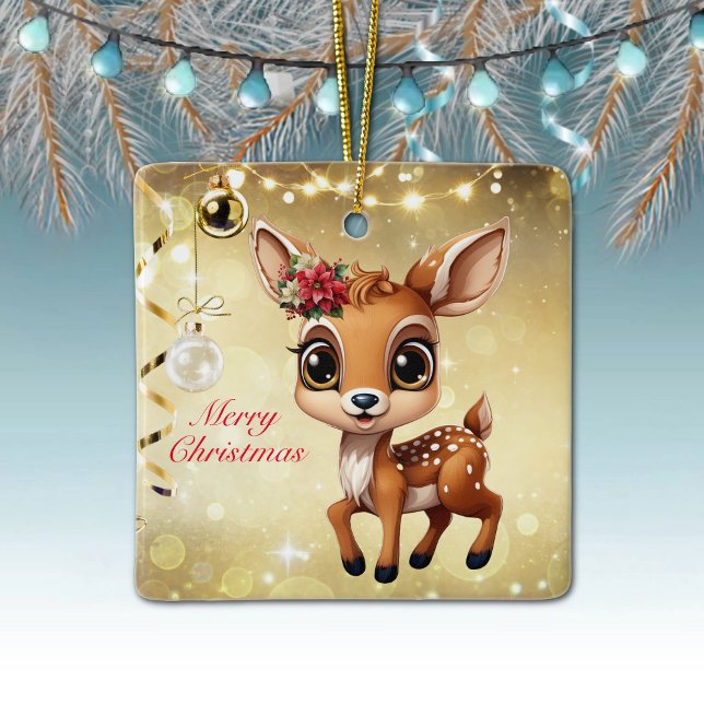 Adorno De Cerámica Nena, Amanecer, 🦌 Oro Feliz Navidad (Baby Deer, Floral Fawn, Doe Poinsettia Customizable Merry Christmas Gold Square Ceramic Ornament🦌🎄)