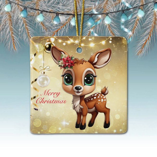 Adorno De Cerámica Nena, Amanecer, 🦌 Oro Feliz Navidad (Baby Deer, Floral Fawn, Doe Poinsettia Customizable Merry Christmas Gold Square Ceramic Ornament🦌🎄)