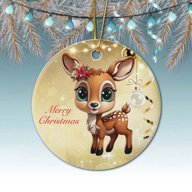 Adorno De Cerámica Nena, Amanecer, 🦌 Oro Feliz Navidad (Cute Baby Deer, Fawn, Doe🦌Poinsettia Reindeer Antlers Merry Christmas🎄Gold Round Ceramic Ornament)