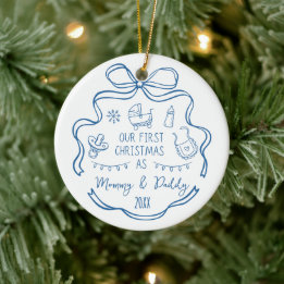 Adorno De Cerámica New Parents First Christmas Whimsical Blue Doodles