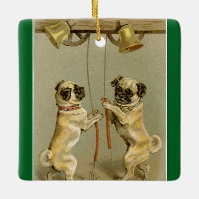 Adorno De Cerámica New Year Pugs Ringing Bells Ornament (Anverso)