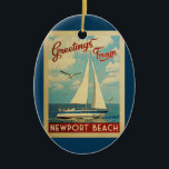 Adorno De Cerámica Newport Beach Sailboat Vintage Travel California<br><div class="desc">This Greetings From Newport Beach California vintage travel nautical design features a boat sailing on the water with seagulls and a blue sky filled with gorgeous puffy white clouds.</div>