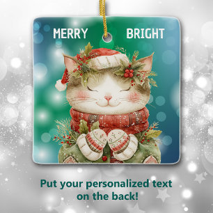 Adorno De Cerámica Nieta Holly Kitty Cat Navidades