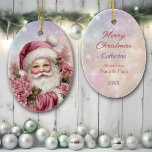 Adorno De Cerámica Nieta Navidades rosados Rose Bouquet Santa<br><div class="desc">¡Aquí hay un adorno navideño para esa nieta, hija o sobrina especial! Una imagen clásica de Santa Claus se ve vestida de rosa y asomada a un ramo de rosas rosas. La imagen se coloca en un fondo de color rosa y lavanda. La parte posterior del ornamento tiene el mismo...</div>