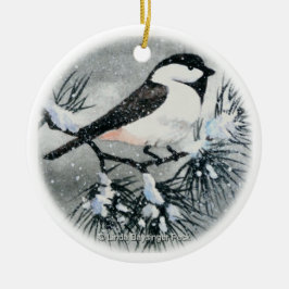 Adorno De Cerámica Nieve capsulada negro del pájaro del Chickadee
