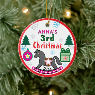 Adorno De Cerámica Niña 3er Navidad FOTO Caballo Rosa Gris