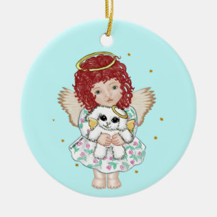 Adorno De Cerámica Niña ángel sosteniendo perro