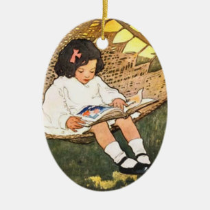 Adorno De Cerámica Niña antigua leyendo en una hamaca