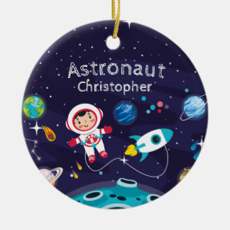 Adorno De Cerámica Niña astronauta en la luna, nombre monogramado