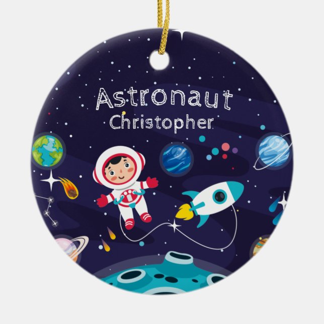 Adorno De Cerámica Niña astronauta en la luna, nombre monogramado (Frente)