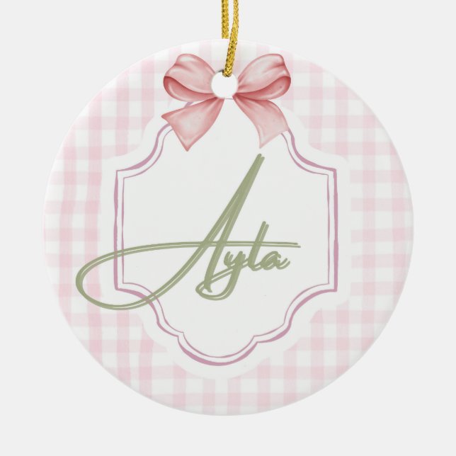 Adorno De Cerámica Niña Ayla Nursery Bow&Gingham personalizada (Frente)
