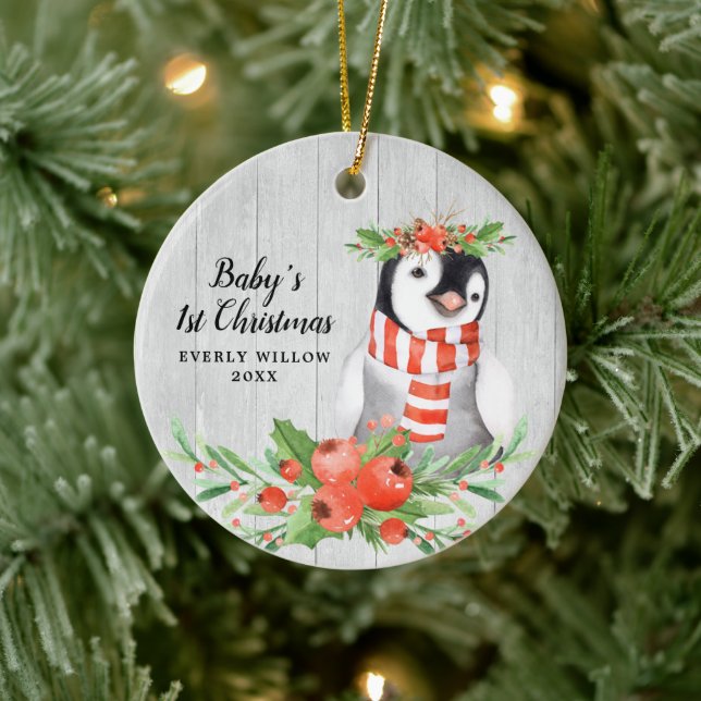 Adorno De Cerámica Niña bebé 1 Navidades Pingüino Cute personalizado  (Árbol)