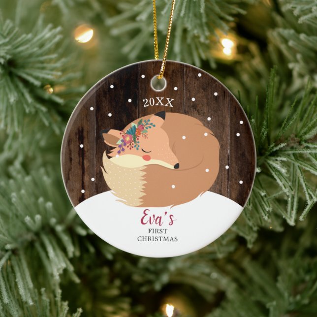Adorno De Cerámica Niña bebé 1 Navidades Woodland Fox personalizada (Árbol)