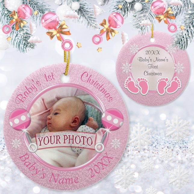 Adorno De Cerámica Niña bebé 1Ornamento de Navidad TU FOTO 2 TEXTO (Baby's First Christmas Ornament. Baby's First Christmas. Pink ornament for baby girl. )