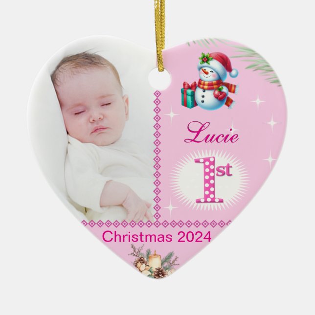 Adorno De Cerámica Niña bebé primer Personalizado de Navidad foto reg (Frente)