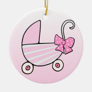 Adorno De Cerámica Niña Bebé Rosa Buggy