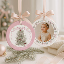 Niña Bebé Rosa Primera Navidad Foto Cerámica