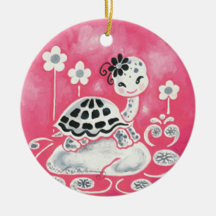 Adorno De Cerámica Niña Bonita Tortuga Con Flores Y Remolinos