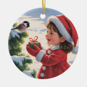 Adorno De Cerámica Niña con traje de Santa con un petirrojo y regalo
