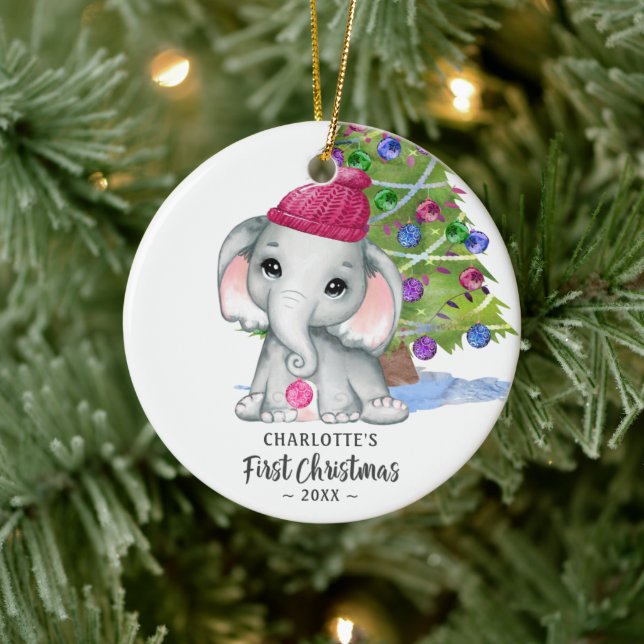 Adorno De Cerámica Niña elefante cuchi primera foto de Navidad (Árbol)
