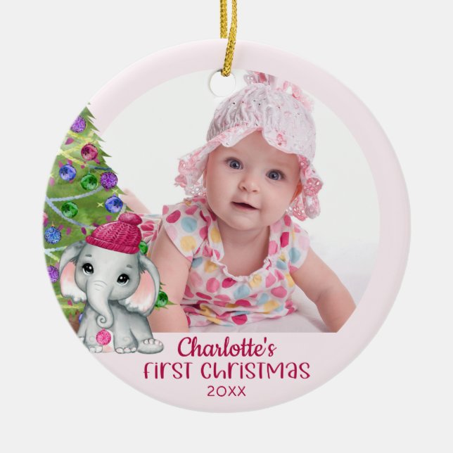 Adorno De Cerámica Niña elefante linda primera foto de Navidad rosa (Frente)