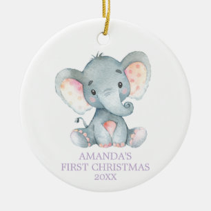 Adorno De Cerámica Niña elefante linda primera morada de Navidad