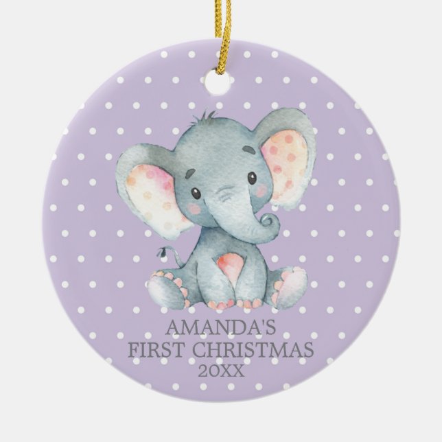 Adorno De Cerámica Niña elefante linda Primera Navidad Púrpura (Frente)