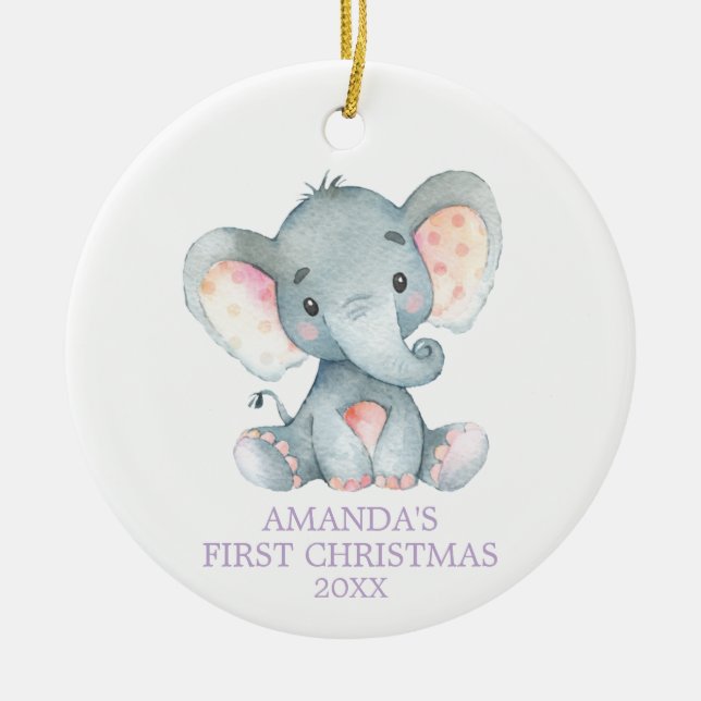 Adorno De Cerámica Niña elefante linda Primera Navidad Púrpura (Frente)