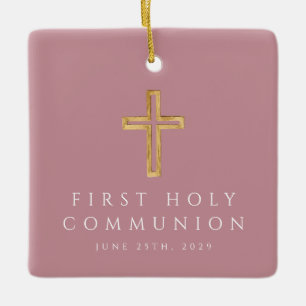 Adorno De Cerámica Niña Foto Cruz Religiosa Rosa Primera Comunión