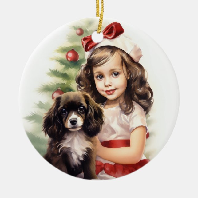 Adorno De Cerámica Niña pequeña con Navidades de cachorros (Frente)