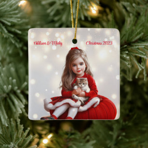Adorno De Cerámica Niña y Gatito Navidad Personalizada