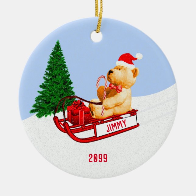 Adorno De Cerámica Niña y nieta Teddy Oso en Sled w Present (Frente)