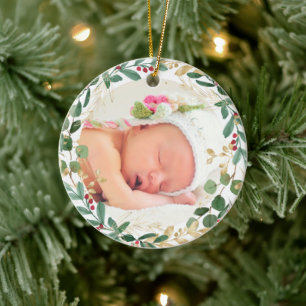 Adorno De Cerámica Niñas bebés primera Navidad verde elegante oro