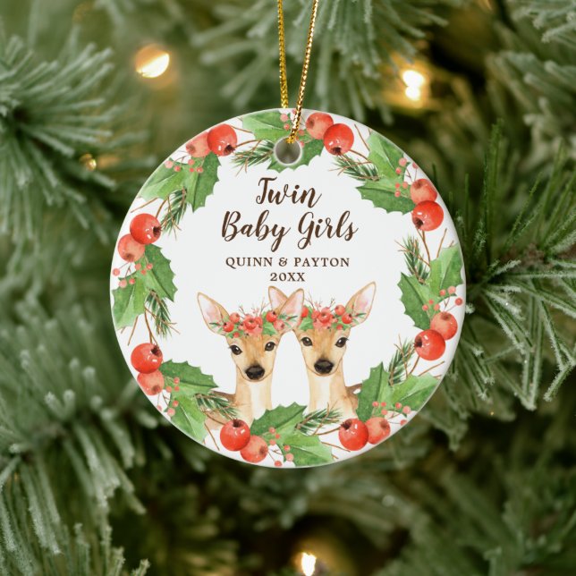Adorno De Cerámica Niñas gemelas Personalizadas Woodland Deer Fawns (Árbol)