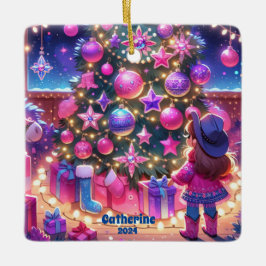 Adorno De Cerámica Niñita Parada Frente Al Personalizado Del Árbol