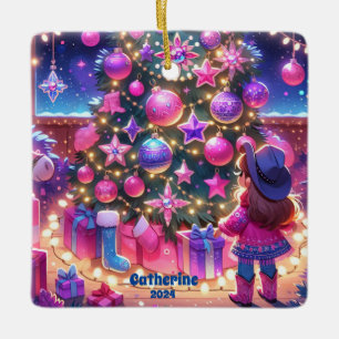 Adorno De Cerámica Niñita Parada Frente Al Personalizado Del Árbol