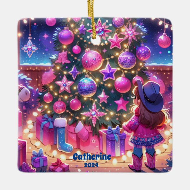 Adorno De Cerámica Niñita Parada Frente Al Personalizado Del Árbol (Anverso)