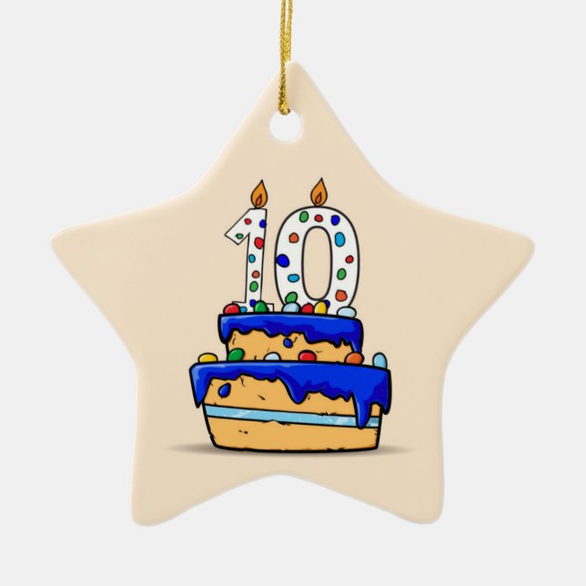 Adorno De Cerámica Niño 10 cumpleaños, 10 con dulce pastel azul (Frente)