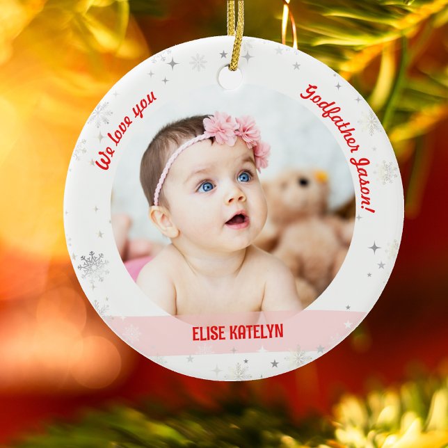 Adorno De Cerámica Niño Chica gemelo foto padrino primera bebé navide (Modern Cute We love you, Godfather! First Christmas Twin Baby Girl and Boy. 2 Photos. Snowflakes)