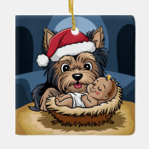 Adorno De Cerámica Niño de acebo adorado por Yorkshire Terrier