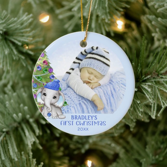 Adorno De Cerámica Niño elefante lindo foto de Navidad primera foto a (Árbol)