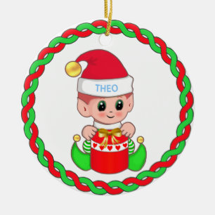 Adorno De Cerámica Niño Elfo de Navidad Lindo & Guirnalda Verde Roja