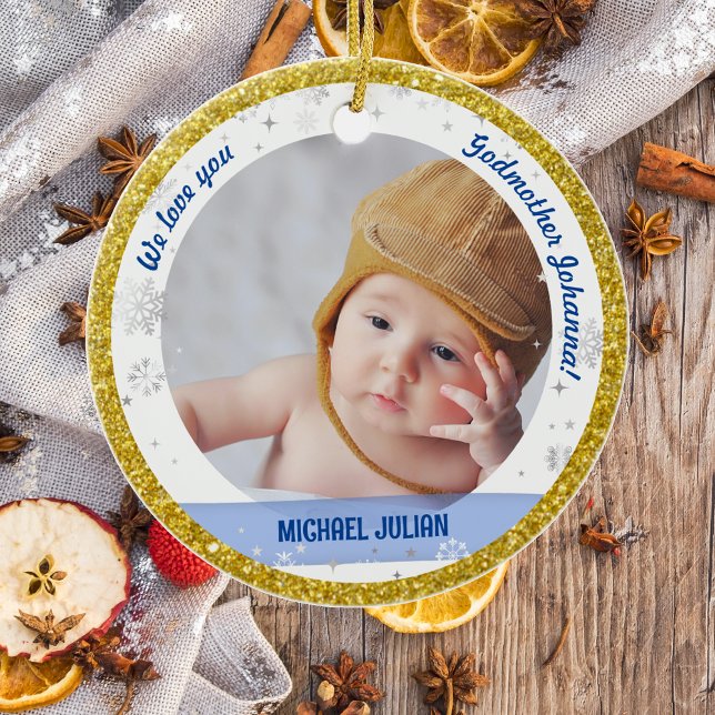 Adorno De Cerámica Niño gemelo Chica Fotos Madrina Primera Navidad Be (Modern, Elegant, Cute We love you, Godmother First Christmas Twin Babies Boy Girl Snowflakes Golden)