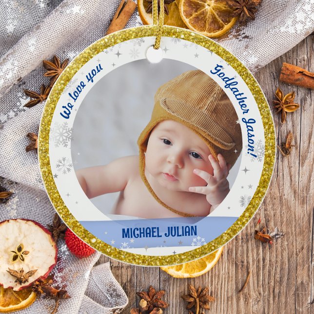 Adorno De Cerámica Niño gemelo Chica Fotos Padrino Primer Navidad Beb (Modern, Elegant, Cute We love you, Godfather First Christmas Twin Babies Boy Girl Snowflakes Golden)