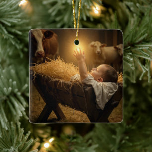 Adorno De Cerámica Niño Jesús de Navidad en un Pesebre