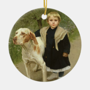 Adorno De Cerámica Niño joven y un perro grande (aceite en lona)