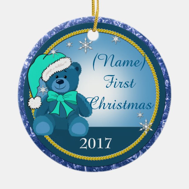 Adorno De Cerámica Niño Navidades del oso de peluche azul (Frente)